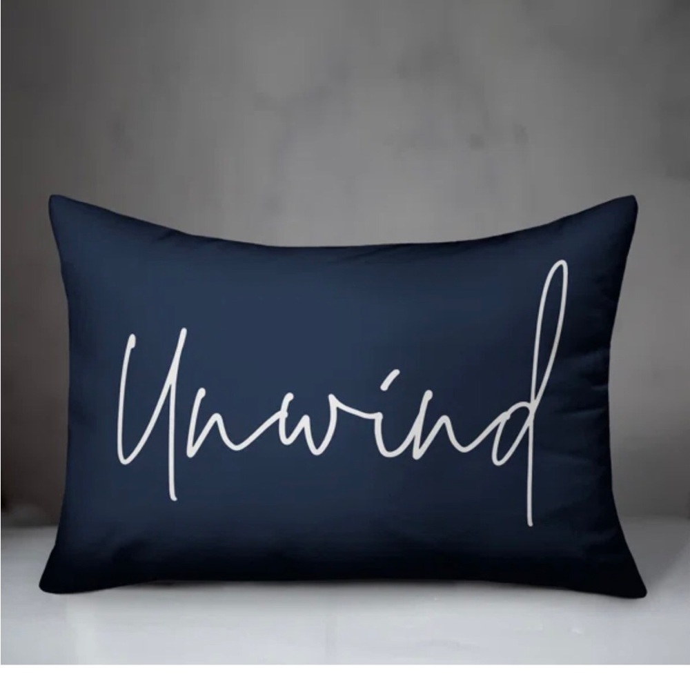 Elegant Navy Pillow with 'Unwind' Script